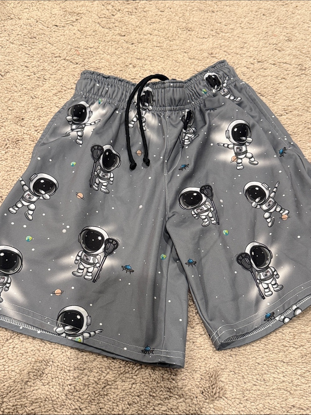 Boys Gray Space-Print lacrosse Shorts with Elastic Waist